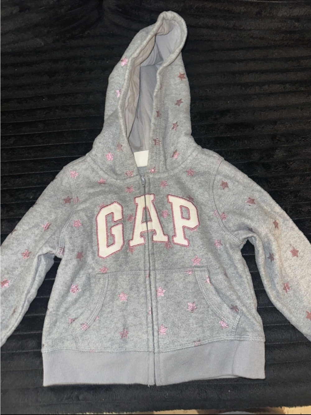 GAP Light Gray Hooded Zip Sweatshirt with Pink Star Embroidery